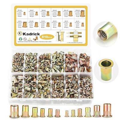 Kadrick Rivet Nut Kit, 810pcs SAE & Metric Rivet Nut Assortment Kit Galvanized Carbon Steel Flat Head Threaded Insert Nuts, Sizes 6-32 8-32 10-24 1/4"-20 5/16"-18 3/8"-16 M3 M4 M5 M6 M8 M10