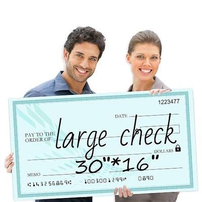 Giant Reusable Dry Erase Check 30x16 Inch - Large Presentation Board for Fundraisers & Awards | Oversized Donation Sign with 2 Markers (Green)