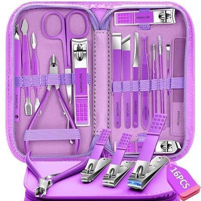 Manicure Set 16Pcs Professional Stainless Steel Pedicure Kit Mens Grooming Kit Fingernail & Toenail Clippers Set Manicure Kit with Luxurious Travel Bag, Sharp Nail Scissors and Clipper (Purple)