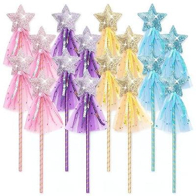 12 Pcs Glitter Princess Wand Kit, 12 Inch Angel Fairy Star Magic Dress-up Wands for Girl Kid Birthday Role Play Party Supply Favor, Costume Props, Pink, Blue, Purple, Yellow