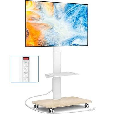 Rfiver Sleek Rolling TV Stand with Power Outlet for Home Decor, Height Adjustable Portable TV Stand on Wheels for 32-75 Inch TVs, Strong Tall Mobile TV Cart with Mount Up to 88 lbs, White
