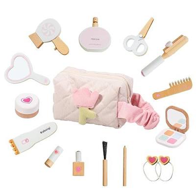 Wooden Makeup Toy Set for Toddlers, 16 Pieces Pretend Play Beauty Salon Kit with Styling Tools, Cosmetics and Storage Bag for Kids Age 3 4 5 6 7 8 Years Old