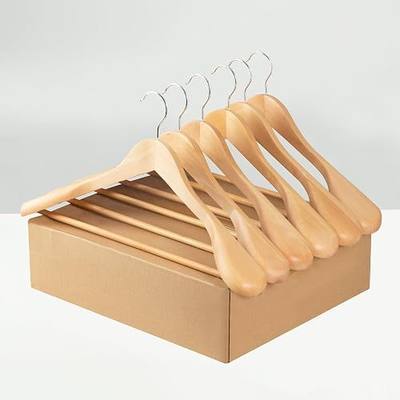 Suit Hangers, 6 Pack Heavy Duty Wooden with Extra Wide Shoulder, 17.5" Luxury Coat for Closet, Natural with 360 Swivel Hook & Strong Pant Bar