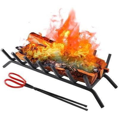 Fireplace Grate 24 Inch Heavy Duty Solid Steel Fireplace Log Holder, 3/4" Bar Fire Grates with Fireplace Tongs, Fire Pit Grate Wood Log Rack Stove Firewood Holder for Indoor and Outdoor
