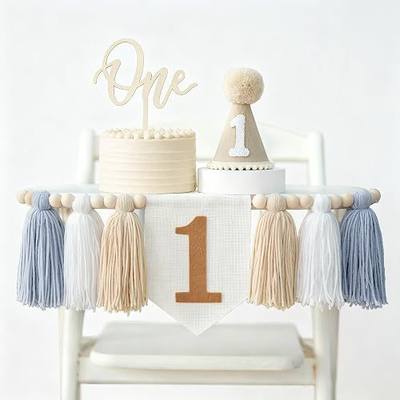 First Birthday Decorations for Boy High Chair Banner 1st Birthday Hat with One Cake Topper Photo Backdrop