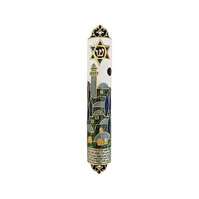 Hand Painted Mezuzah, Exquisite Enamel Mezuzah with Star of David and Jerusalem Motifs