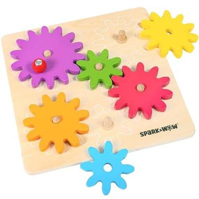 Spark & Wow Spinny Gears, Wooden Gear Board with 6 Pieces in 3 Sizes | Cause and Effect Toys, Create Colorful, Spinning Combinations