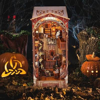 3D Wooden Puzzle Bookends, 2026 New DIY Book Nook Kit, Magic Book House Model Building Kit Insert Decor with Sensor Light, Stand Bookshelf for Home Decorative Books Ornaments (Magic World)