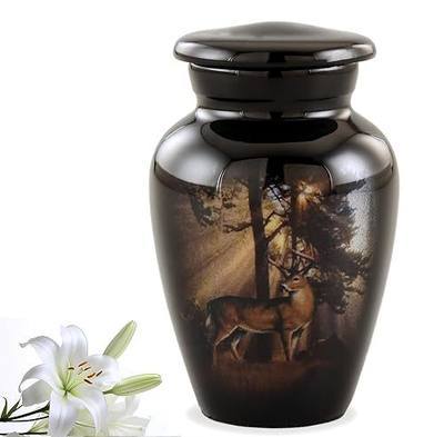 Gone Hunting Deer Keepsake Urn with Sunrays – Majestic Buck Mini Memorial Urn for Human Ashes – Handcrafted Sharing Token Funeral Urn with Velvet Bag & Funnel (Keepsake)