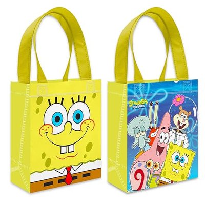 Spongebob Party Favor Bags for Kids Birthday 12 Pack Bundle | Mini 8" Spongebob Squarepants Party Goodie Bags, Bulk Reusable Tote Canvas Gift Bags, Spongebob Party Supplies for Boys Girls