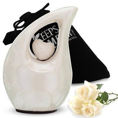 White Teardrop Small Urns for Human Ashes/Mini Urn with Sky Blue Heart/Cremation Keepsakes for Ashes/Ash Holders (White - White, Extra Small - EXS (3 Cu in))