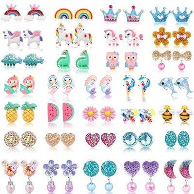 Clip-On Earrings for Kids Girls Ages 4-12 Hypoallergenic, Non Pierced Earrings for Girls with No Ear Holes, Little Girl Cute Small Clip-On Earrings Jewelry Gifts Set (32 Pairs)