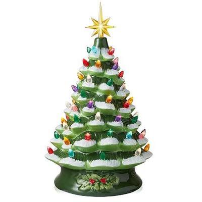Casafield Hand Painted Ceramic Christmas Tree, Green Snow Flocked 15-Inch Pre-Lit Tree with 128 Multi-Color Lights and 2 Star Toppers