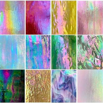 12 Sheets High Shine Iridescent Stained Glass Sheet Variety Pack, 4 x 6-inch Iridized Art Glass Mosaic Tiles for Crafts, Stained Glass Supplies for Glass Projects and Mosaic Work