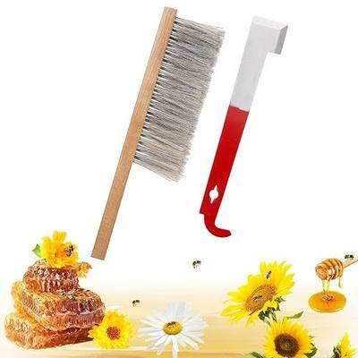 Acostop Bee Hive Tool Stainless Steel J Hook & Soft Brush for Beekeeping | 13.8" Natural Horsehair Beehive Brush, 10.5" Bee Frame Lifter and Scraper, Bee Keeping Starter Kit for Beekeepers