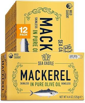 Sea Castle Mackerel in Olive Oil, 4.4oz (12 Pack) | Skinless & Boneless Canned Fish | Wild Caught Canned Mackerel Fillets | Packed with Vitamins | Non-GMO | Kosher