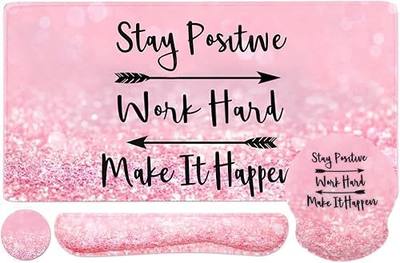 4-in-1 Gaming Mouse Pad Wrist Support Set,Desk Pad + Mouse Pad with Wrist Rest + Keyboard Wrist Rest + Coaster, Ergonomic Design for Home Office Study Game - Pink Stay Positive