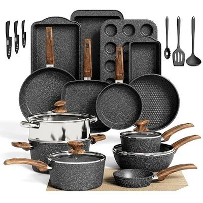 DishDelight 30 Pcs Pots and Pans Set Non Stick, Granite Induction Cookware | Compatible with all cooktops, 100% PFOA, PFOS, and toxin-free, even heat distribution