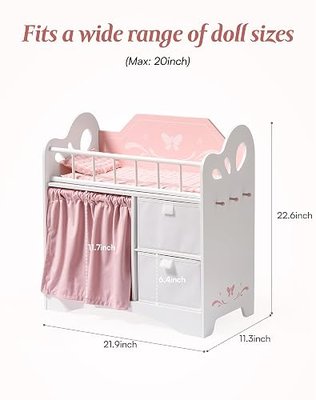 ROBOTIME Baby Doll Crib, Wooden Doll Bed, Toy Baby Crib with Storage, Bedding, and Wooden Hooks, Doll Crib Fits Dolls up to 21", Doll Furniture for American Girls Ages 3+ (Pink)