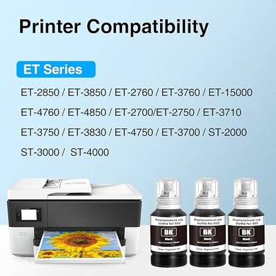 Compatible Ink Refill Bottles Replacement for Epson 502 Black Ink Refill Bottles Work for Ecotank ET-3850 ET-2850 ET-4850 ET-2760 ET-3760 ET-4760 ET-2750 ET-3750 ET-4750 Priner (3 Black)