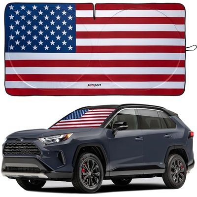 Autopect Windshield Sun Shade - American Flag Design, High-Resolution Sun Visor for Car, Truck, SUV with Mirror Cut-Out for Interior Sun Protection, Foldable Car Sun Shade (Black and White, Large)