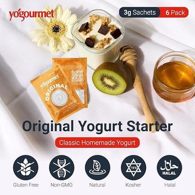 Yogourmet Yogurt Starter (6 Sachets = 6 Quarts of Yogur) Starter Culture | Make Yogurt at Home, All Natural, Gluten Free, Kosher, Halal, 3 g Sachets