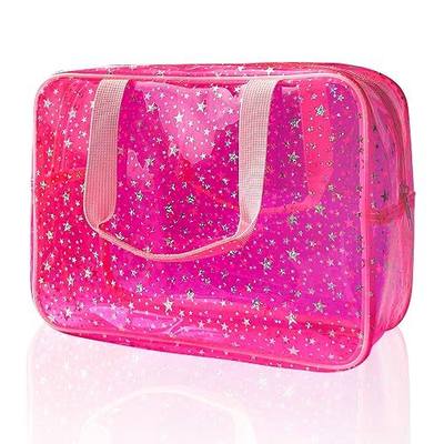 Hot Pink Star Large Cosmetic Bag 12x5x8 inch Travel Pouch with Handle,Durable PVC Material,Zipper Design-Ideal for Makeup,Travel Essentials