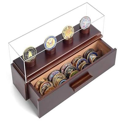 Challenge Coin Display Case, Military Coin Collection Holder with Wooden Coin Box, Drawers, and Clear Acrylic Lid – Gifts for Coins Collectors (4 Pillars)