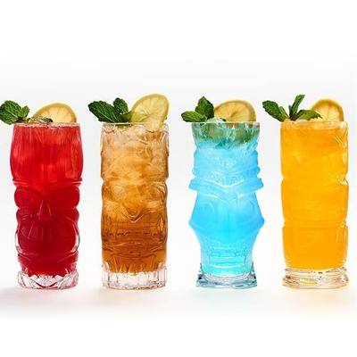 Set of 4, 16 Oz Clear Tiki Cups Tumbler Glass Set, Modern Tropical Tiki Bar Party Beverages Iced Tea