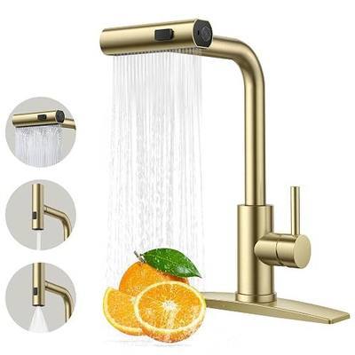 FORIOUS Gold Kitchen Faucets with Pull Down Sprayer, Stainless Steel 3 in 1 Modern Sink Faucet Single Handle with Deck Plate Fit for One or Three Hole for Camper Bar Laundry Rv Farmhouse