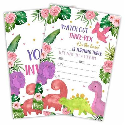 Three-Rex Birthday Invitation, Dinosaur Theme 3rd Birthday Party Invite Cards With Envelopes, Double-Sided Fill In Style Invites For Boys & Girls, Party Favor & Decorations (20Pcs) - A10