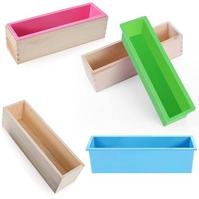 Ziliny 3 Pcs 42oz Soap Loaf Mold Flexible Rectangular Silicone Soap Molds Wood Box Tray Making Supplies for Homemade Craft DIY Tool(Green, Pink, Blue)
