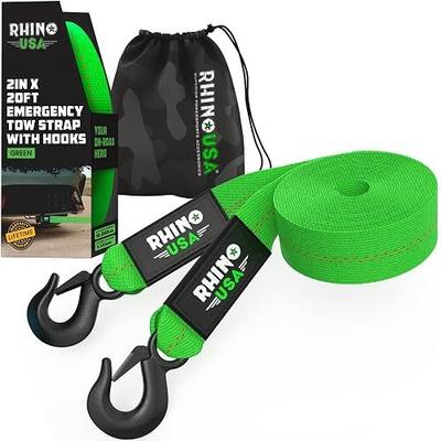 Rhino USA Tow Strap with Hooks (2in x 20ft) - 10,321lb Roadside Recovery | 10,321lb Break Strength, Forged Steel Hooks & Reflective Stitching. For Roadside Recovery, Moving & Towing, Not Offroad.