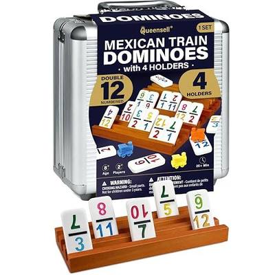 Queensell Mexican Train Dominoes Set with Numbers and 4 Holders - Wooden Hub and Domino Holders - Double 12 with Numbers (D12 Numbers + 4 Holders)