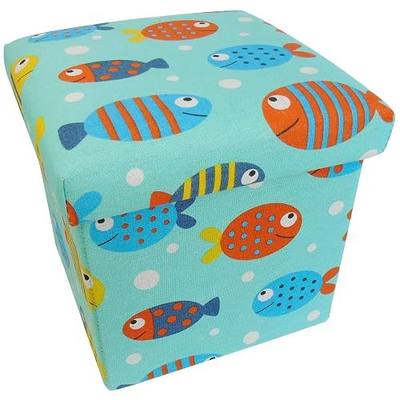 Folding Storage Ottoman for Kids, 10” Small Linen Foot Rest Stool, Cute Cartoon Children Sofa for Living Room, Bedroom, Dorm, Entryway(Fish)