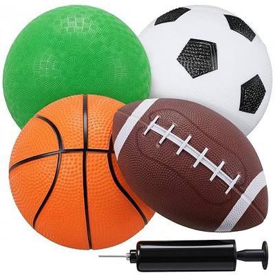 LovesTown 4-Pack Sports Balls, 5-Inch Soccer Ball, Basketball, Playground Balls & 7 Inches Footballs for Toddlers Adult, Party Favors for Kids Christmas Stocking Stuffers, Xmas Gifts Goodie Bag filler