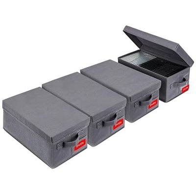NUSWOR Upgrades DVD Storage Box - Perfect DVD Case Storage Solution, Stackable DVD Organizer with Lid, 4Pack DVD Holder 15.75 x 8.1 x 6.1 inches - Holds 100 DVDs - Grey | Perfect DVD Case Storage Solution - DVD Holder 15.75 x 8.1 x 6.1 inches - Holds 100 DVDs
