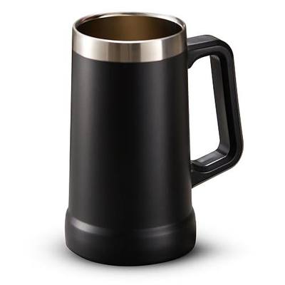 KooK Beer Stein, Stainless Steel Coffee Mug, Tumbler with Thermal Vacuum Insulation, Big Grip, Adventure, Double Walled Drinking Cup, Large Handle, Shatterproof, Black, 24 oz