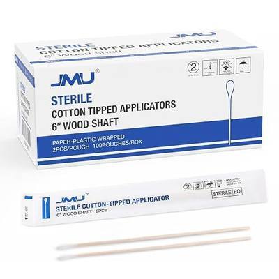 JMU 6 Inch Sterile Cotton Tipped Applicators, 200 Count Long Cotton Swabs | Wood Shaft Medical Swabs