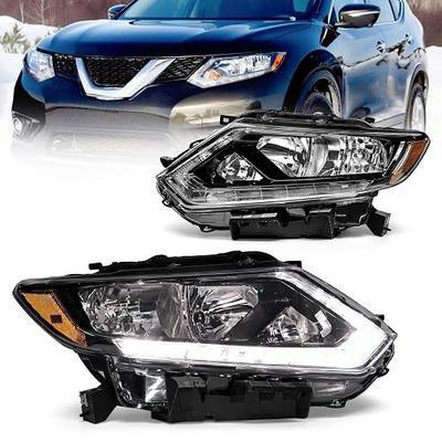 Headlight Assembly for 2014 2015 2016 Nissan Rogue Clear Lens Black Housing with Amber Reflector Headlamp Replacement Left and Right Pair(Only Fits Models with Halogen(W/O Bulbs)