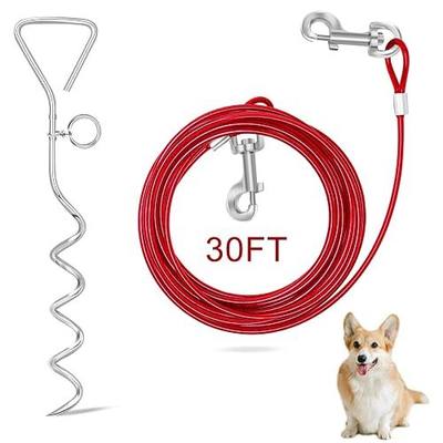 Relux 30FT Outdoor Dog Leash for Yard Training, Running, Hiking, Camping, with Heavy Duty Dog Anchor Spiral Stake for Small to Medium Dogs (Red, 30FT)