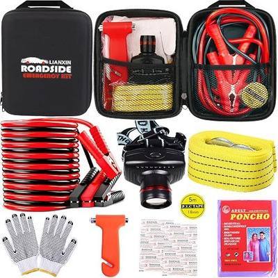 LIANXIN Car Roadside Emergency Kit,with Jumper Cables Car Safety Kits | Emergency Car Kit Tow Straps Headlamp Jumping Cables Safety Hammers Gloves, Breakdowns Gifts for New Drivers