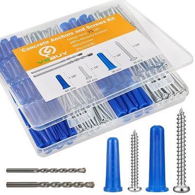 VGBUY 180PCS Conical Concrete Anchors and Screws Assortment Kit, 90PCS Concrete Wall Anchors, 90PCS Self Tapping Screws for Masonry Stucco Brick Cement Cinder Block Tile, with 2PCS Drill Bit