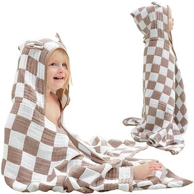 Muslin Toddler Bath Towels Organic Cotton Blend (Cacao Check,55x28) | 55x28 Inches, Ultra Soft Jacquard, 6-Layer, Chest Snap Bath Poncho, Baby Beach Towel, Premium Shower, Curated Gift Box