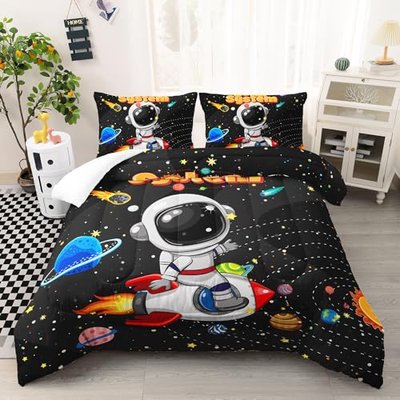 AILONEN Astronaut Cat Comforter Set Twin Size, Gorgeous Starry Cosmic Bedding Set for Bedroom,Outer Space Explorer Kitty Super Soft Duvet Set All Seasons,1 Quilt and 2 Pillowcases,3-Piece