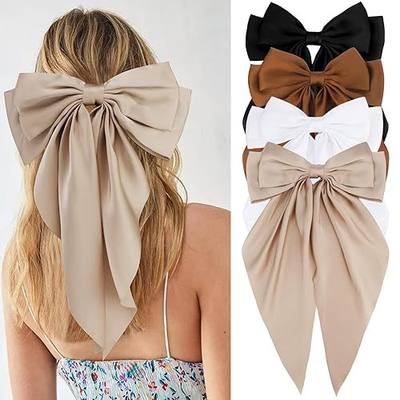 Velscrun Hair Bows for Women Girls 4Pcs White Silky Hair Bow Khaki Satin Large Coquette Bow Brown Big Hair Bows Clip Oversized Hair Ribbons Long Tail Black Bow Hair Barrettes Hair Accessories Gifts