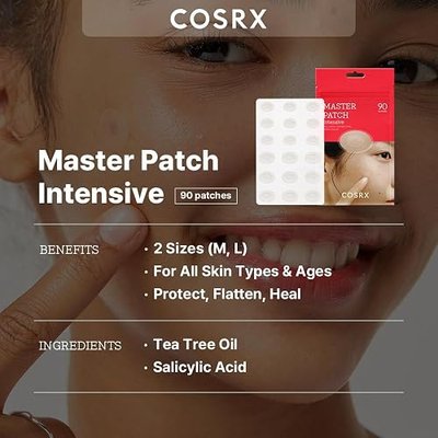 COSRX Master Patch Intensive, Oval-Shaped Pimple Patches (90 Counts) | Hydrocolloid Pimple Stickers with Tea Tree Oil & Salicylic Acidm, Quick & Easy Blemish, Zit Spot Treatment, Korean Skin care