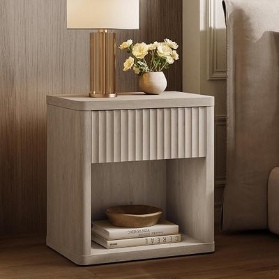 SICOTAS Night Stand Set of 2 Nightstands with Drawer Storage Fluted Bed Side Table End Table Large Modern Wide Bedside Stand Mid Century Night Stands for Bedroom Living Room Sofa Office, White Alder