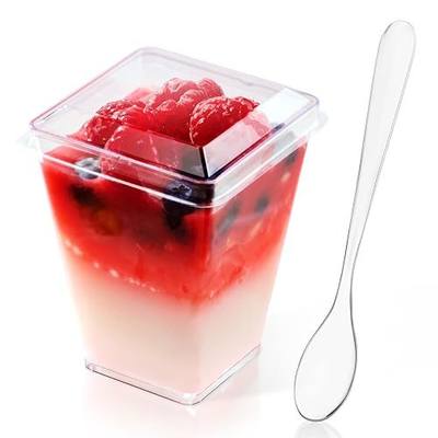 JOLLY CHEF 50 Pack 5 oz Plastic Dessert Cups with Lids and Spoons, Yogurt Parfait Appetizer Cup for Party, Clear Mini Dessert Shooter for Pudding Fruit Trifle Ice Cream