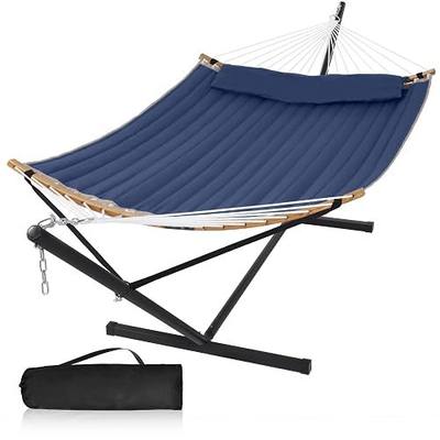 2 Person Hammock with Stand Included, Outdoor Hammock with Curved Spreader Bar, Pillow and Carrying Bag, 450 Lbs Capacity, Navy Blue